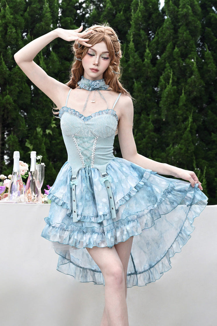 Blue [Mirrorless Dream] Double-Layered Tie-dyed Print Ruffle Bowknot Lace Train Sweet Lolita Jsk Dress