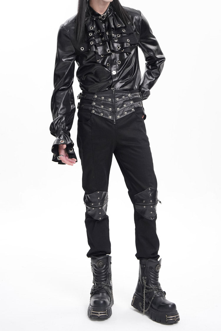 Black Stitching Buckle-up Studs Men's Gothic Pants