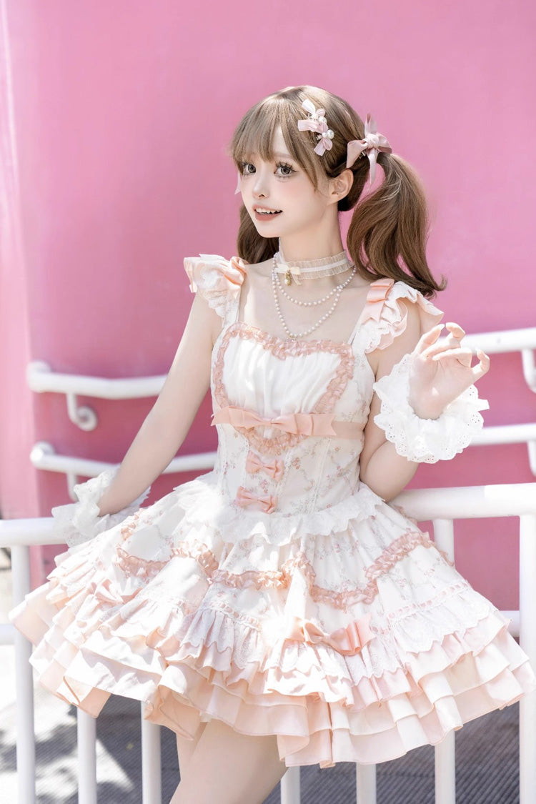 Floral Print Multi-layer Ruffle Bowknot Lace Sweet Lolita Tiered Dress 2 Colors