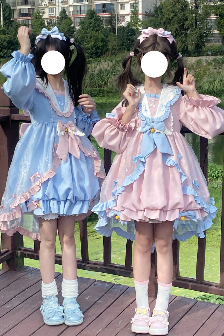 Blue Long Sleeves Music Notes Print Ruffle Bowknot Lace Sweet Lolita Dress