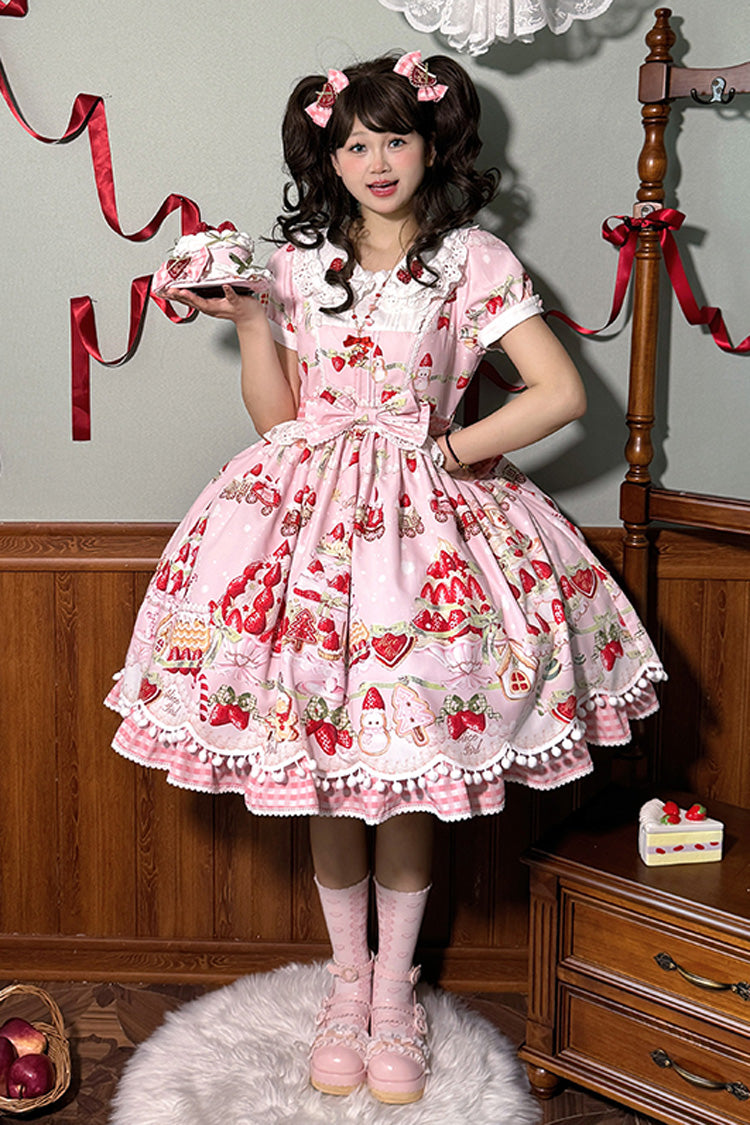 Mint Strawberry Dessert Puppenkragen Kurze Ärmel Druck Rüschen Bowknot Süßes Lolita Kleid 4 Farben