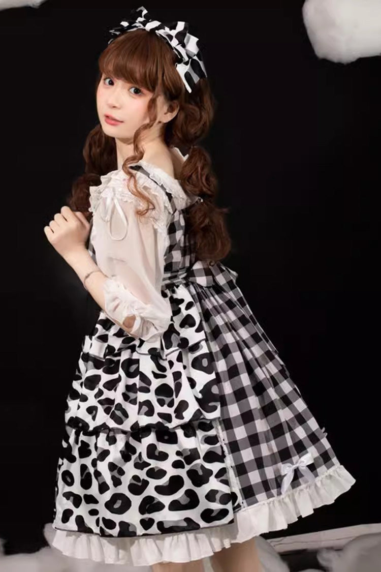 Black/White Plaid Print Cow Ruffle Bowknot Cat Claw Planet Sweet Lolita Jsk Dress