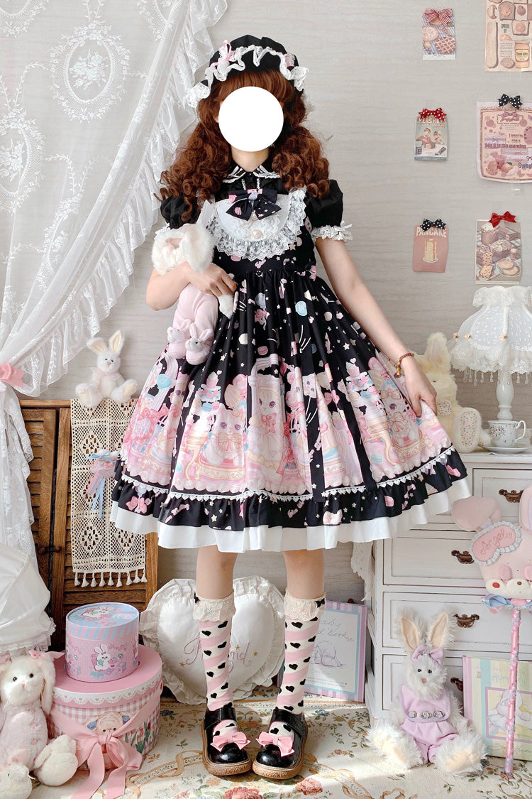 Schwarz/Rosa süßes Lolita JSK Prinzessinnenkleid mit Katzen-Print und hoher Taille, Rüschen und Schleife