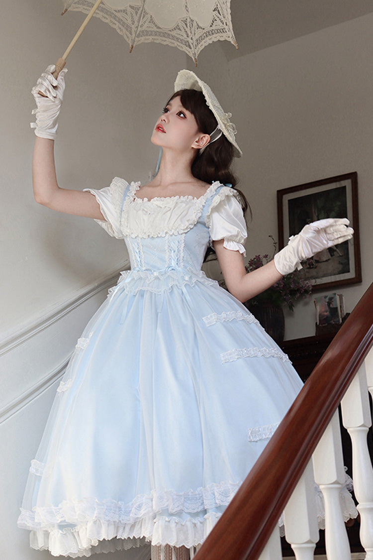 Light Blue Confession Poem Square Collar Short Sleeves Ruffle Sweet Elegant Lolita Dress Set