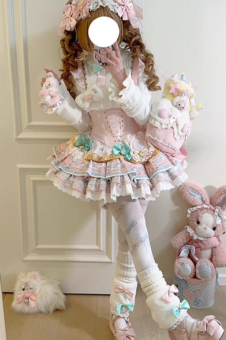 Pink [Candy House] Multi-Layered Print Ruffle Bowknot Lace-Up Sweet Ballet Lolita Jsk Dress