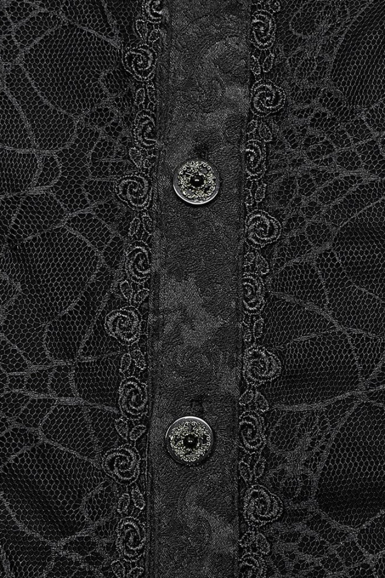 Black Stand Collar Long Puff Sleeves Jacquard Print Lace Mens Gothic Blouse