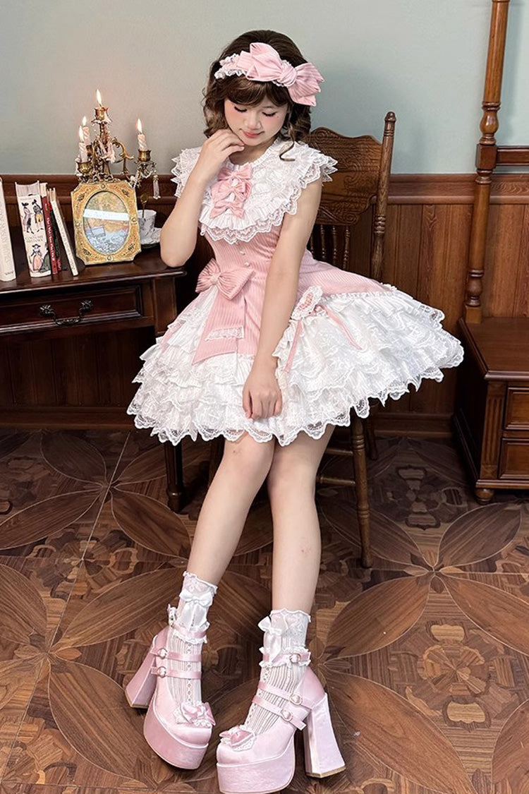 Pink [Miss Tsundere] Sleeveless Multi-Layered Ruffle Bowknot Lace Asymmetric Sweet Princess Lolita Dress