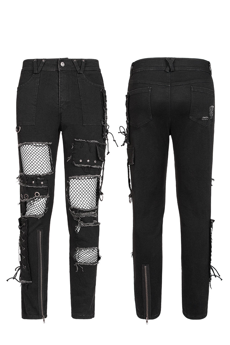 Black Hollow Lace-Up Ripped Men's Punk Pants