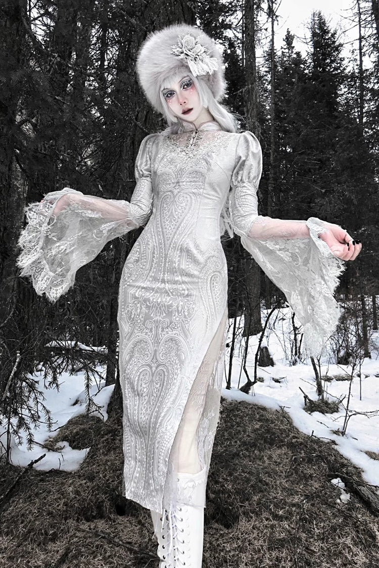 Silver [The Call of the Snow Country] V Collar Long Sleeves High Waisted Ruffle Lace Gothic Lolita Fishtail Dress