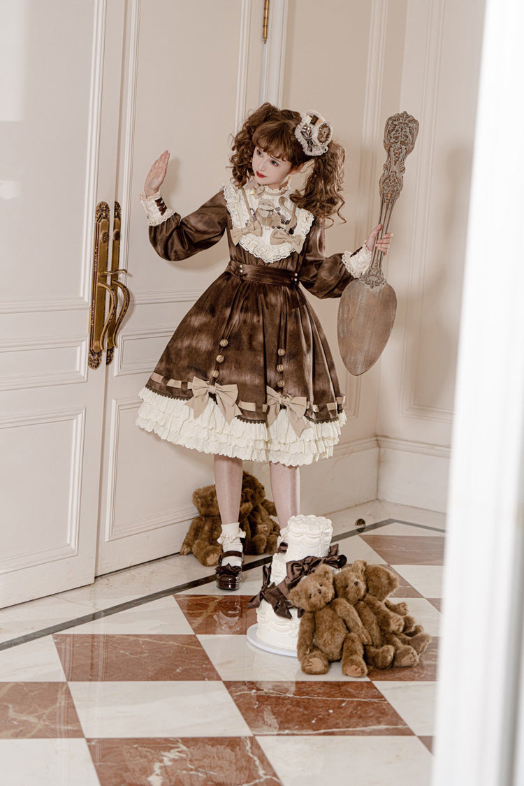 Brown [Chocolate Cat] Print Long Sleeves Ruffle Bowknot Sweet Lolita Dress