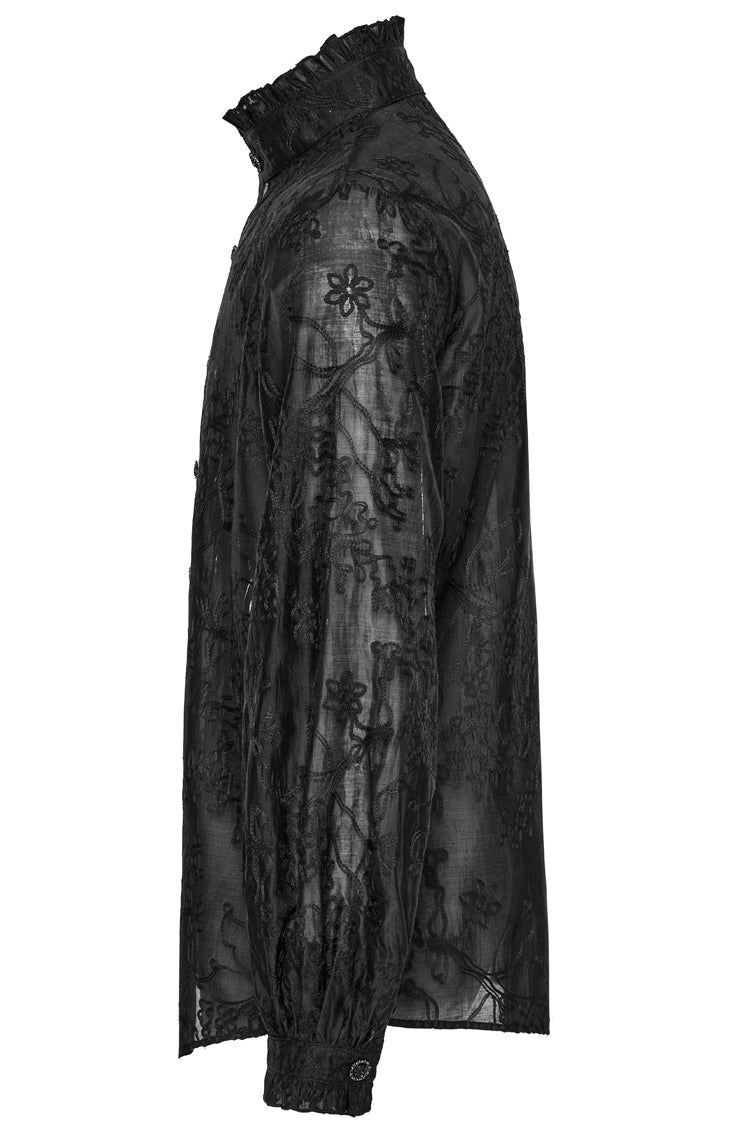 Schwarze Gothic-Bluse mit Stehkragen und Jacquard-Stickerei für Herren