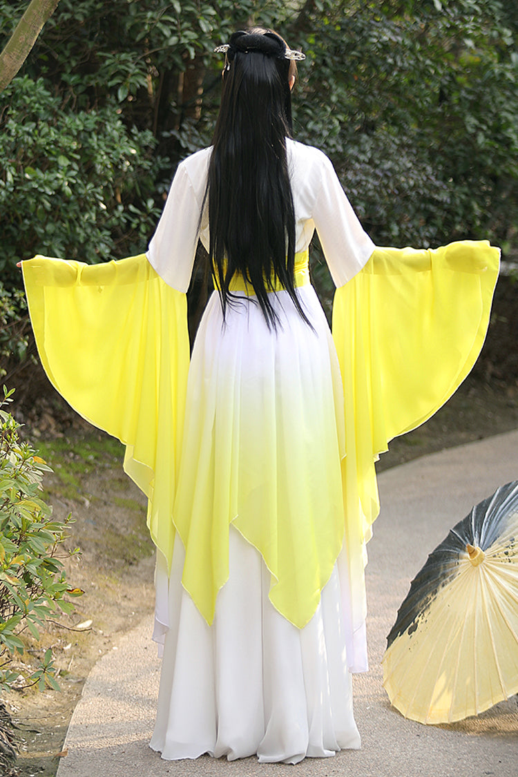 White/Yellow High Waisted Gradient Embroidery Irregular Women's Sweet Hanfu Dress Full Set