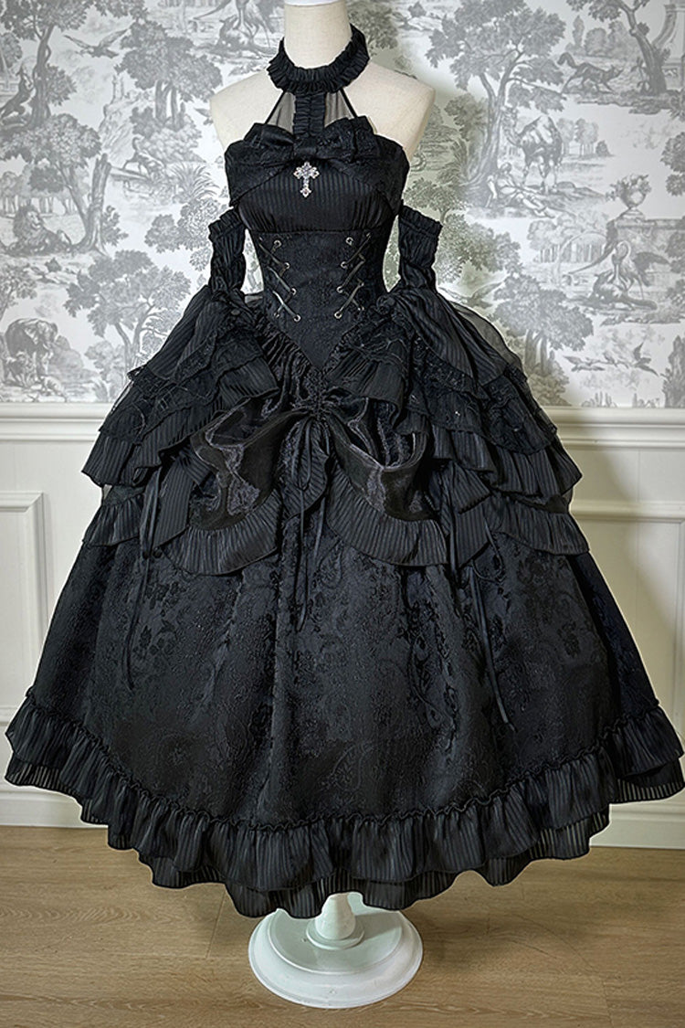 Solid Color [The Mystery of The Doll] Halterneck Ruffle Bowknot Drawstring Gothic Lolita Dress 4 Colors