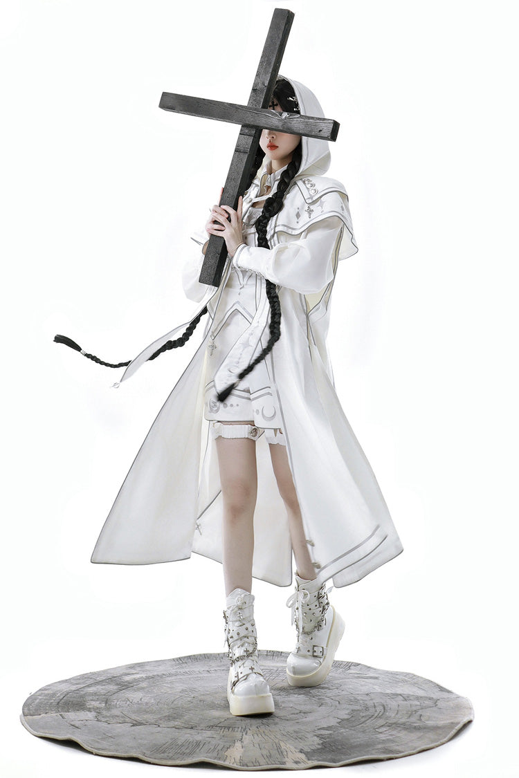 Weißes Ouji Fashion Lolita-Set mit futuristischem mechanischem Aufdruck im Bionic Dimension-Stil (einschließlich Oberteil, Umhang und Shorts)