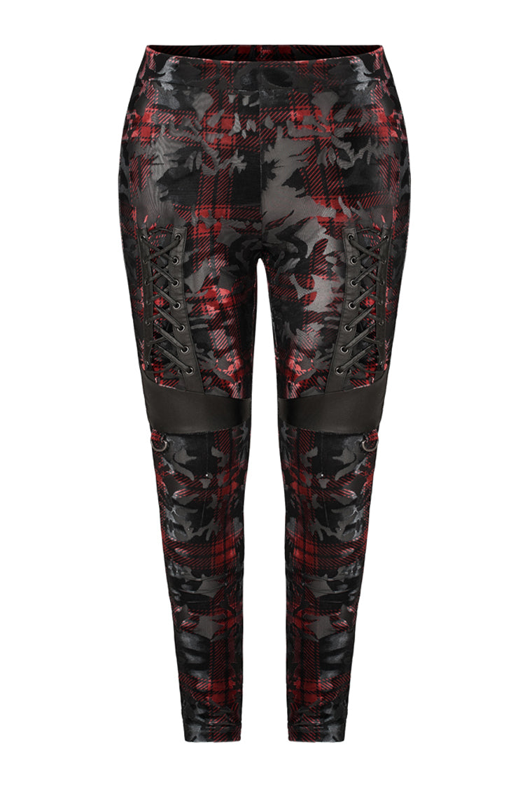 Red Plaid Plus Size Front Splice Imitation Leather Lace-Up Classic Printing Women's Punk Legging