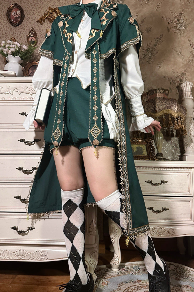 Green [Theocratic Messenger] Embroidery Classic Military Gorgeous Handsome Ouji Lolita Coat Blouse Shorts Set