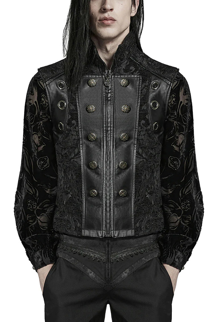 Men's Stand Collar Jacquard Print Stitching Metal Ring Decoration Gothic Vest 2 Colors