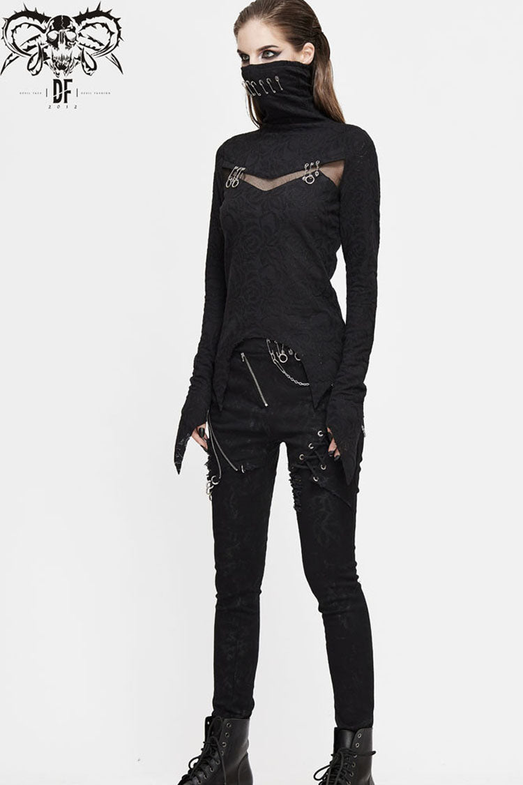 Schwarzes Rollkragen-Brustspleiß-feines Mesh-Pin-Dekoration mit spitzem Saum und Punk-Shirt für Damen