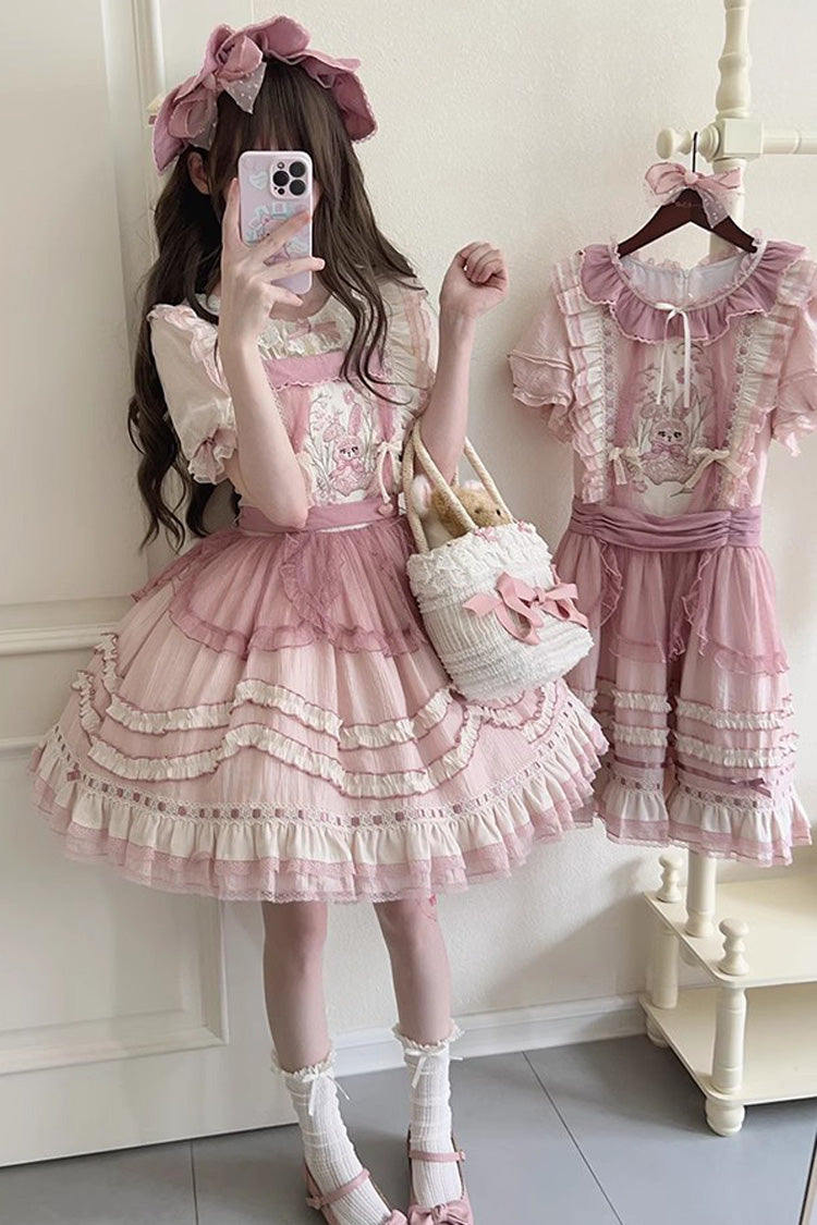 Pink Rabbit Print Sweet Dream Girl Ruffle Bowknot Stitching Lace Lolita JSK Dress