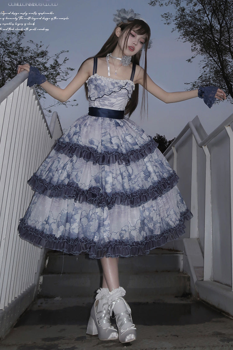 Multi-Color Multi-layer Cumulonimbus Print Ruffle Bowknot Sweet Lolita Jsk Dress