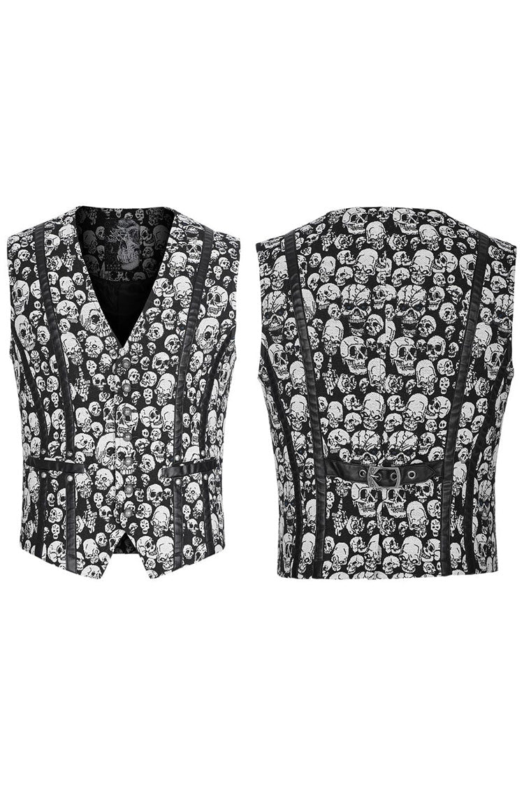 White/Black Contrast Sleeveless Skulls Print Jacquard Hollow Mens Gothic Vest