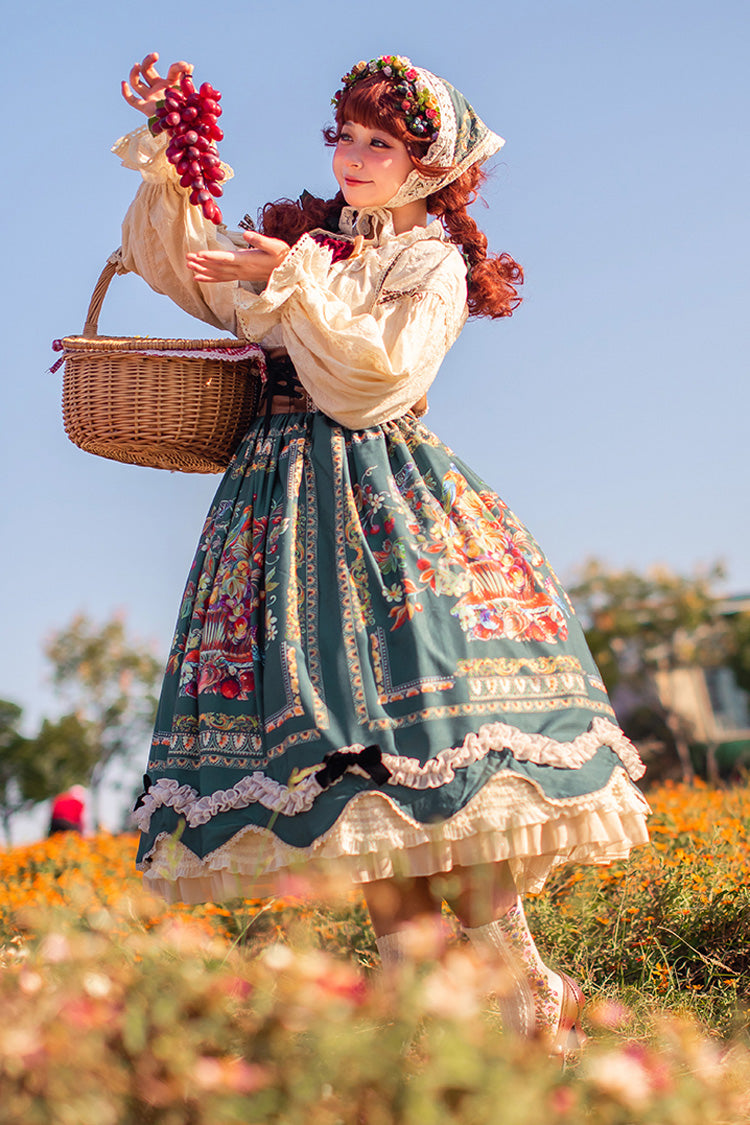 Grün [Ode an die Fülle] Beeren- und Vogeldruck Rüschen Bowknot Samt Klassisches Lolita Brustunterstützung Jsk Kleid