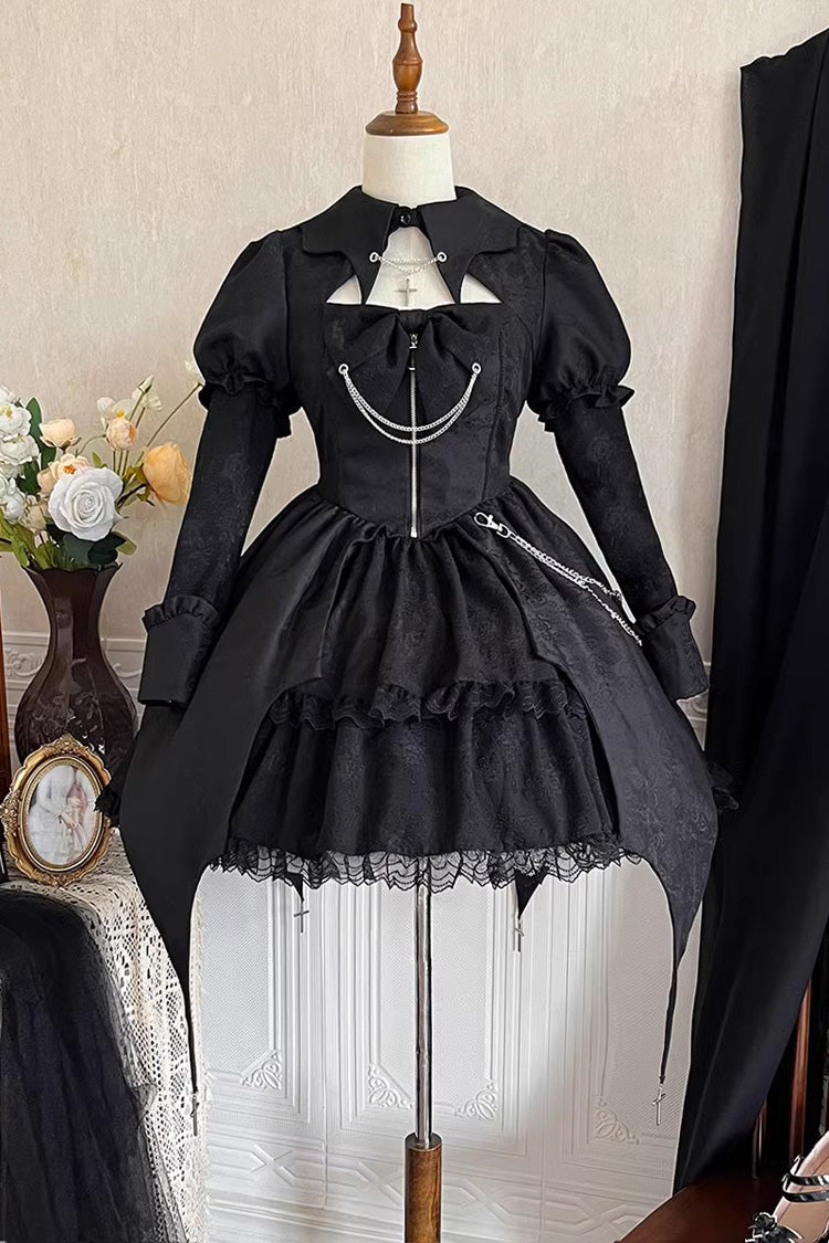 Black Dark Night Law Long Sleeves High Waisted Cardigan Bowknot Lace Gothic Lolita Dress