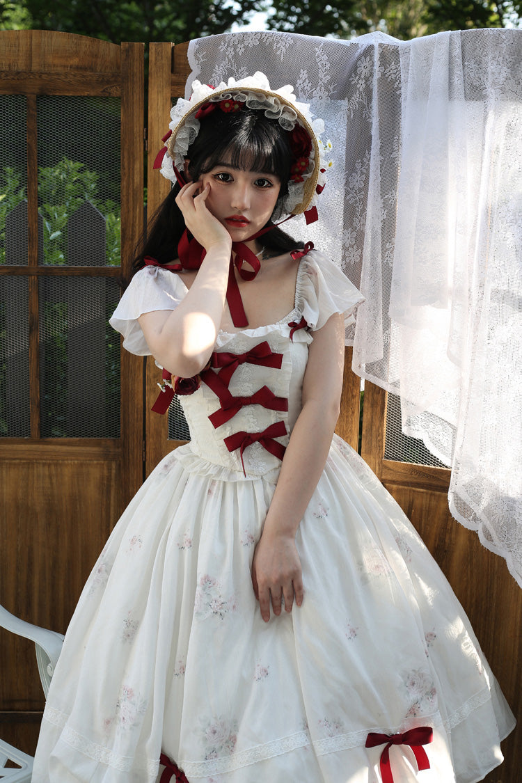 Rose Elegant Short Sleeves Print Ruffle Bowknot Sweet Plus Size Lolita Dress 2 Colors