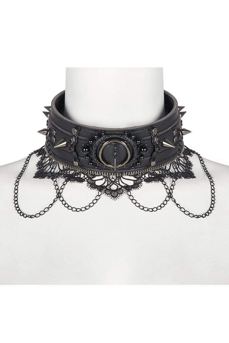 Black Leather Metal Rivets Lace Women's Gothic Chocker