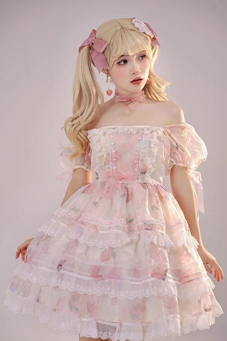 Pink Chiffon Organza Short Sleeves Multi-layer Peach Print Sweet Lolita Jsk Dress