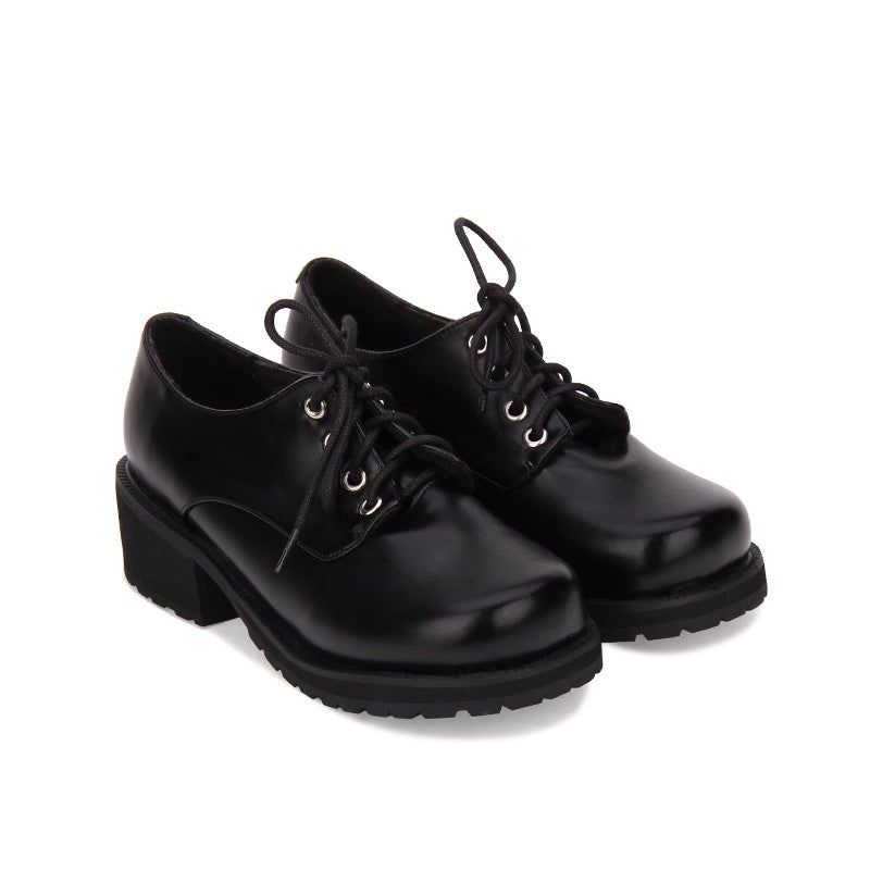 Black Synthetic Leather Round Toe Military Style Platform Punk Lolita Shoes