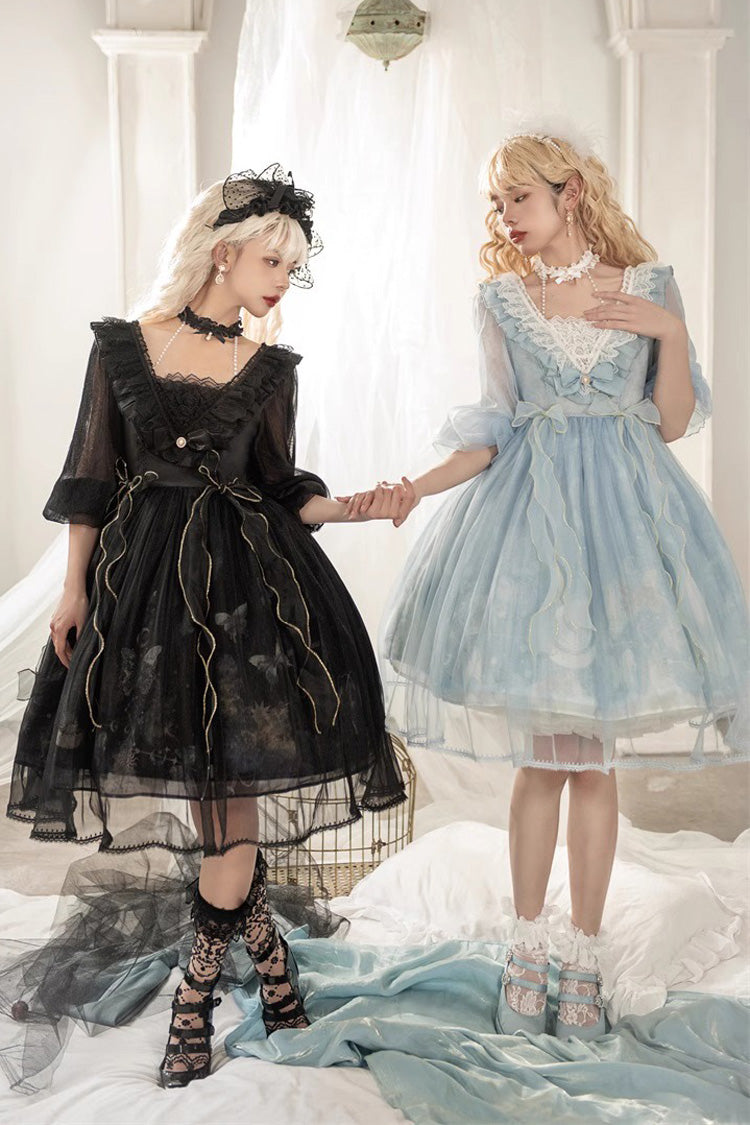 Schwarzes Gothic Lolita Kleid mit Rüschenspitze und Planet-Schmetterlings-Print und hoher Taille