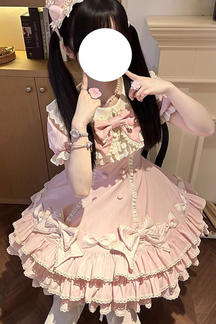 Pink [Striped Layered] Short Sleeves Multi-Layered Ruffle Bowknot Sweet Princess Lolita Tiered Dress