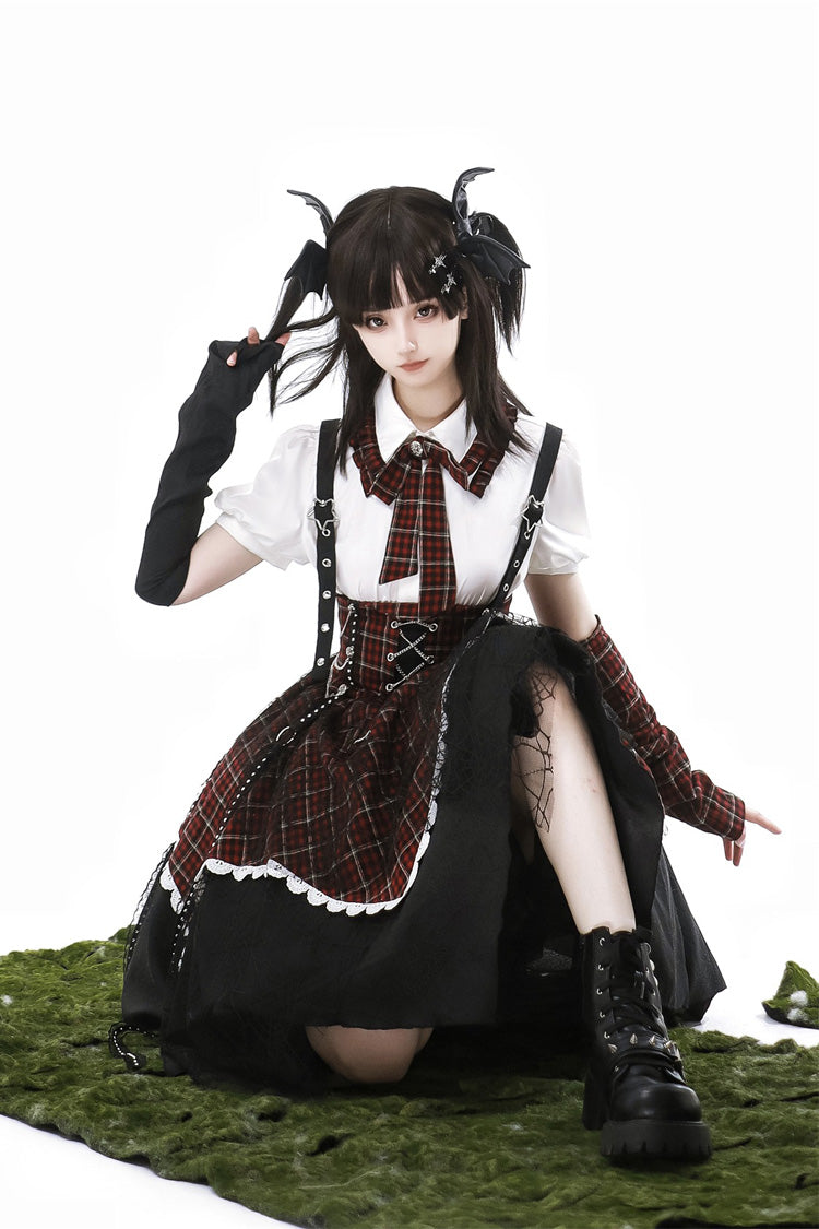 Schwarz/Rot [Soul Mantra] Süßes Lolita-Trägerkleid mit Karomuster und unregelmäßigem Saum