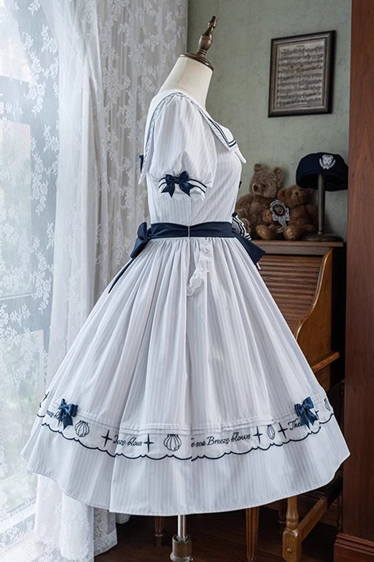 White Navy Stripe Print Short Sleeves Ruffle Embroidery Sweet Lolita Dress