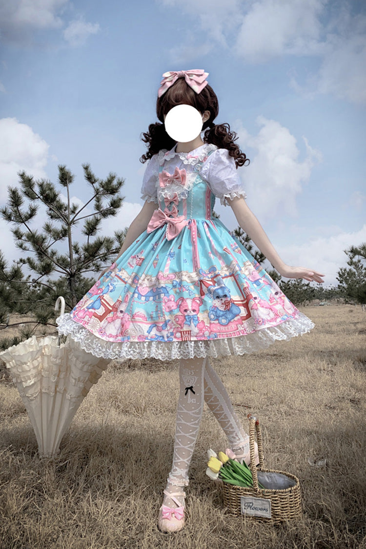 Green Doll Playground Print Ruffle Bowknot Sweet Lolita Jsk Dress