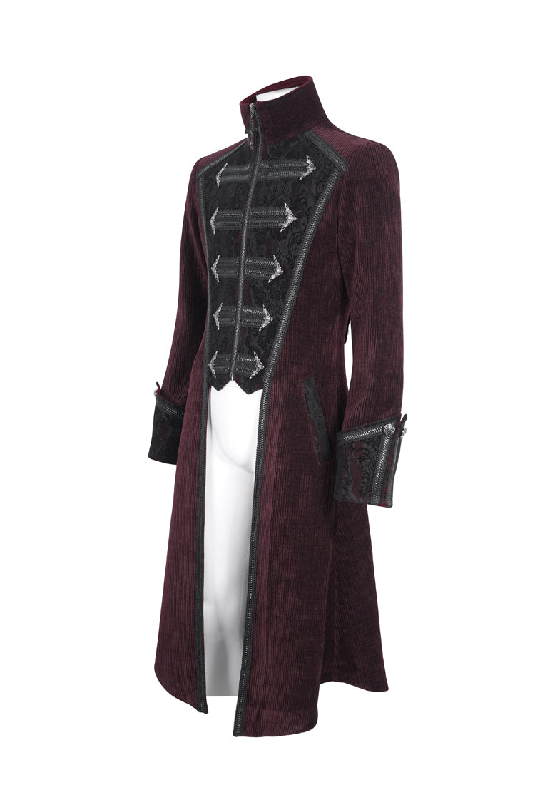 Red Stand Collar Long Sleeves Embroidery Slim Men's Gothic Coat