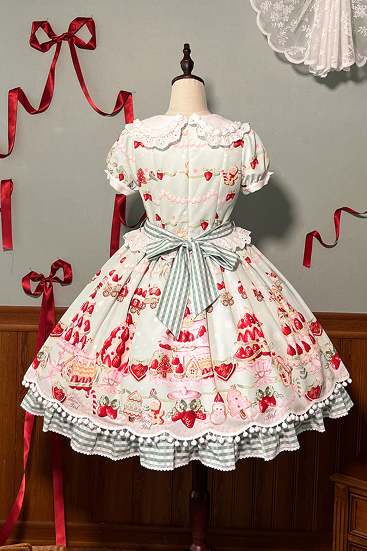 Mint Strawberry Dessert Puppenkragen Kurze Ärmel Druck Rüschen Bowknot Süßes Lolita Kleid 4 Farben