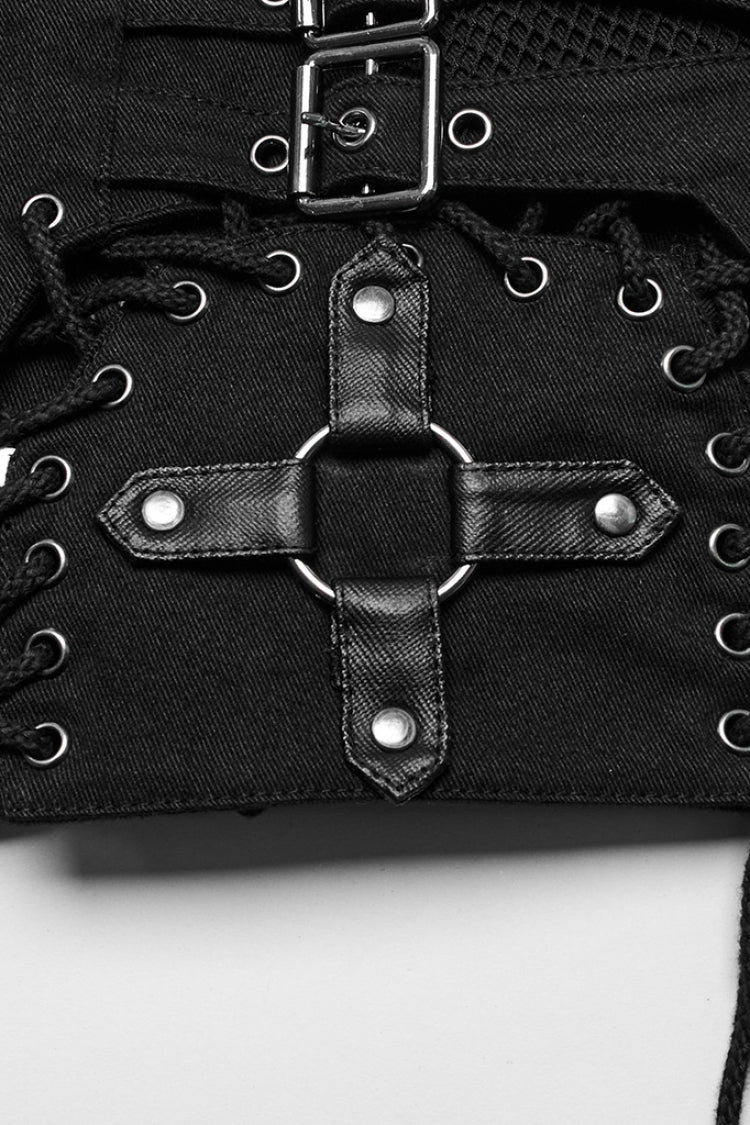 Black Lace-Up Mesh Buckle Women's Punk Shorts