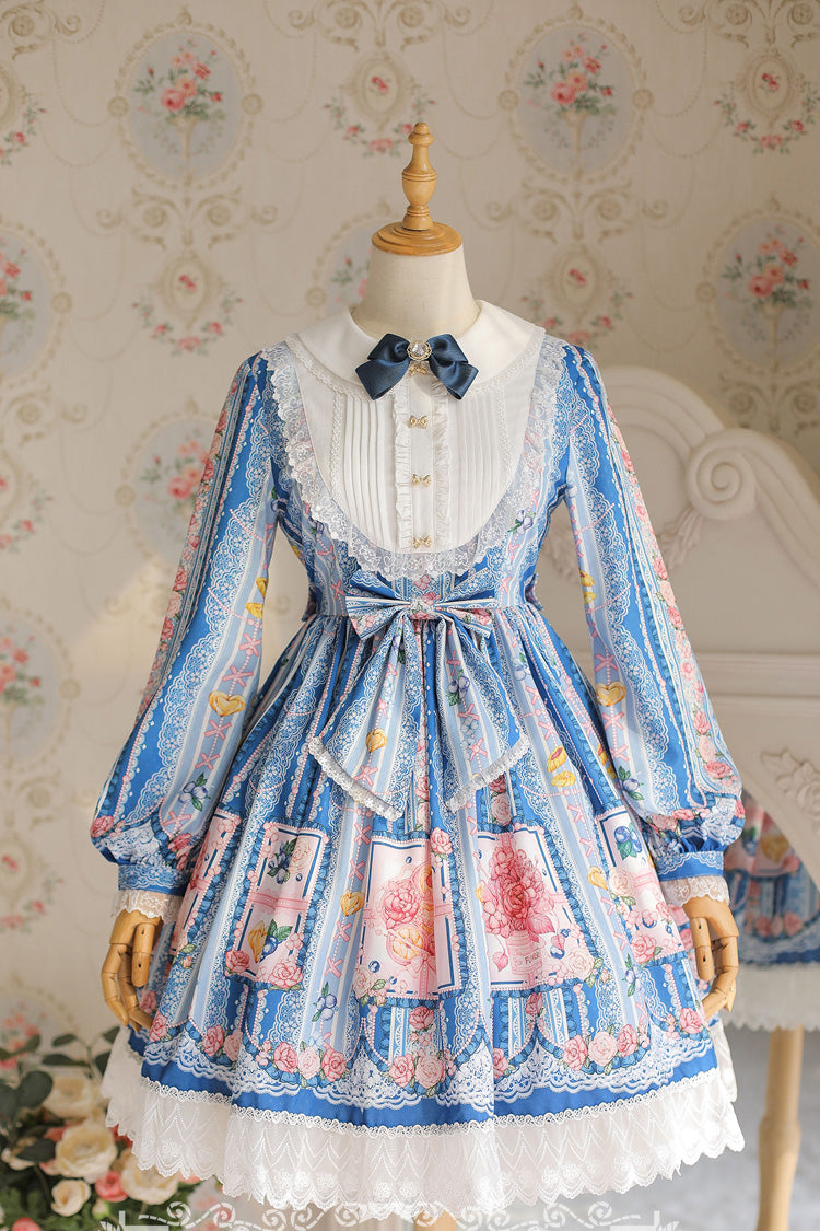 Blueberry Berries Print Long Sleeves Bowknot Sweet Princess Lolita Dress 4 Colors