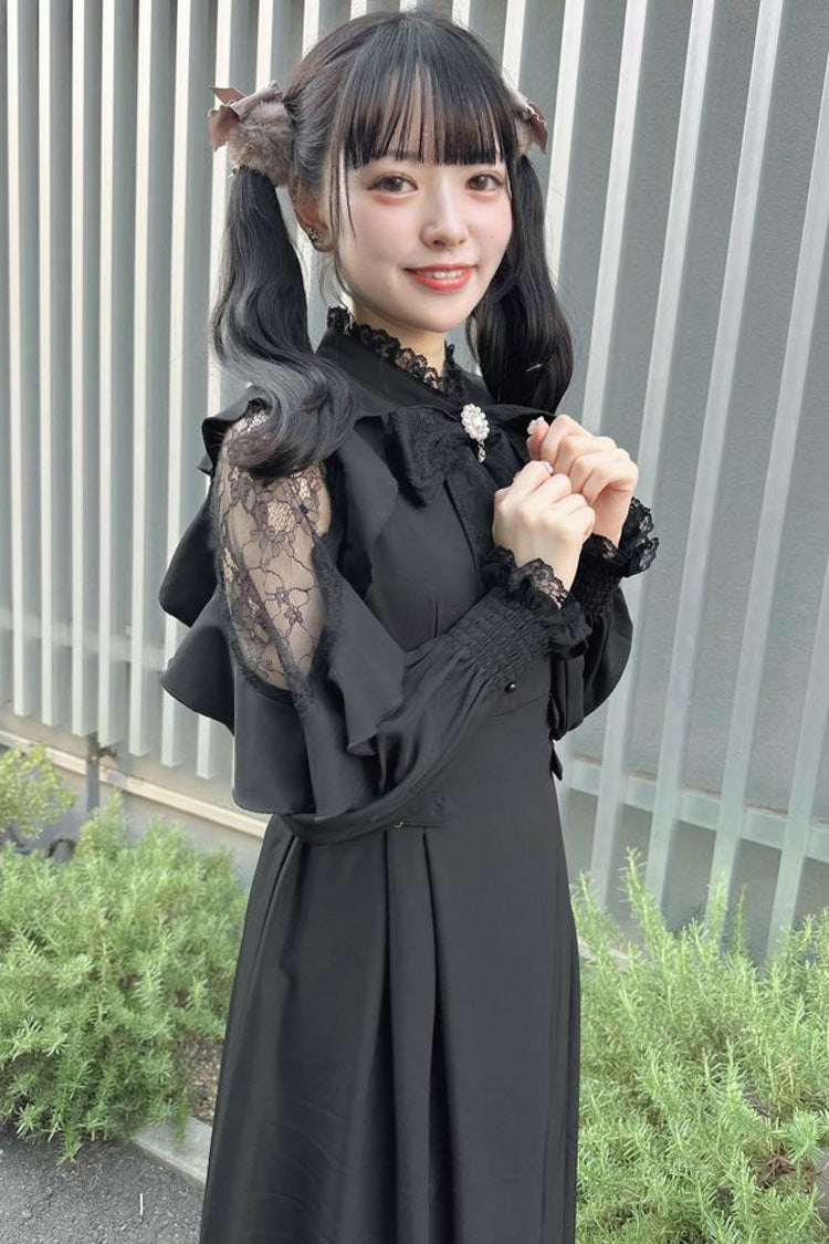 Black Stand Collar Off Shoulder Long Sleeves Hollow Bowknot Slim Jirai Kei Japanese Dress