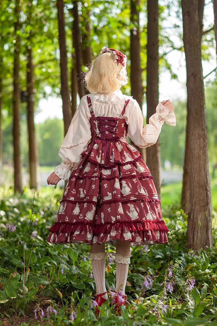 Miss Rabbit Dance Print Multi-layer Ruffle Sweet Elegant Lolita Jsk Dress 4 Colors