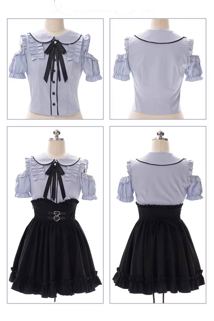 Black/Blue Off Shoulder Short Sleeves Ruffle Bowknot Sweet Jirai Kei Japanese Set