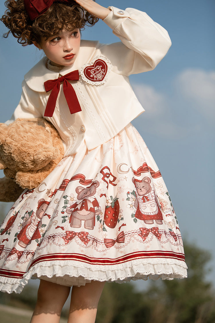 Elfenbein/Rot Erdbeerbären-Print Rüschen Schleife Süßes Prinzessin Lolita Jsk Kleid