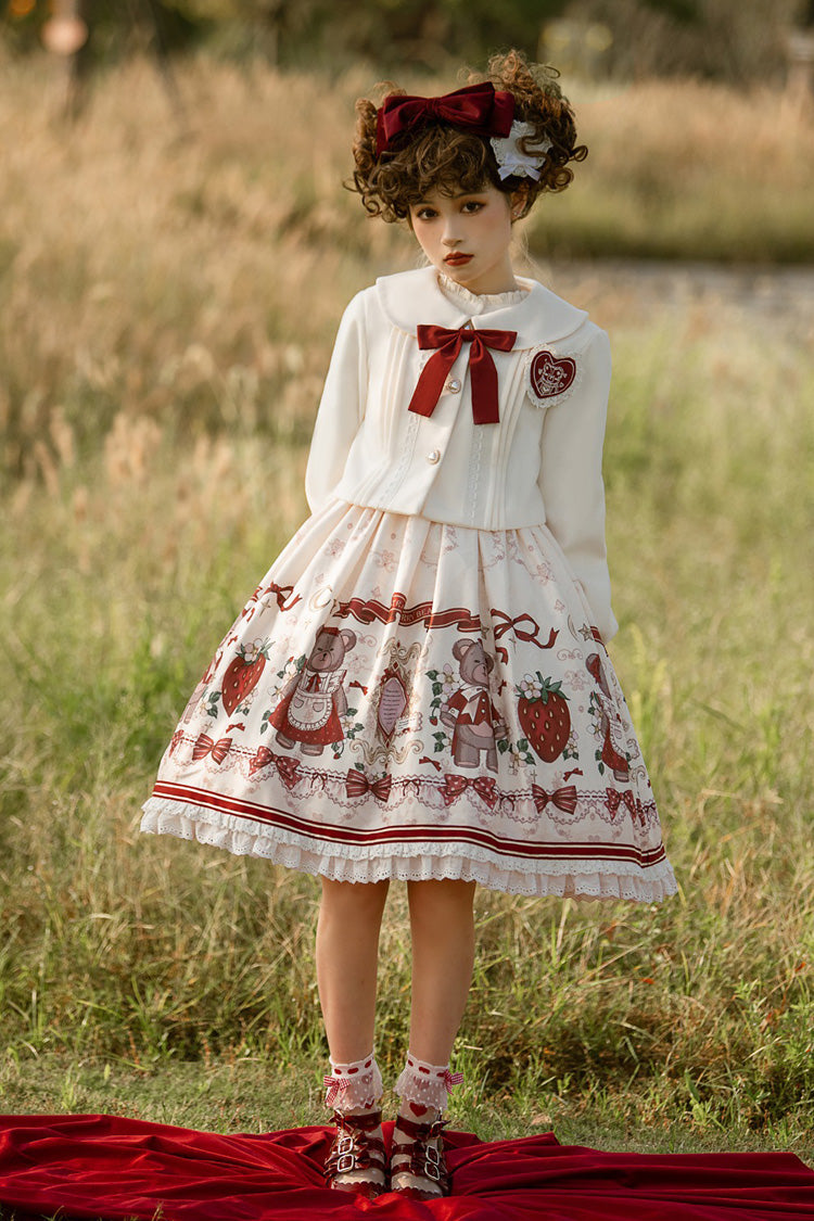 Elfenbein/Rot Erdbeerbären-Print Rüschen Schleife Süßes Prinzessin Lolita Jsk Kleid