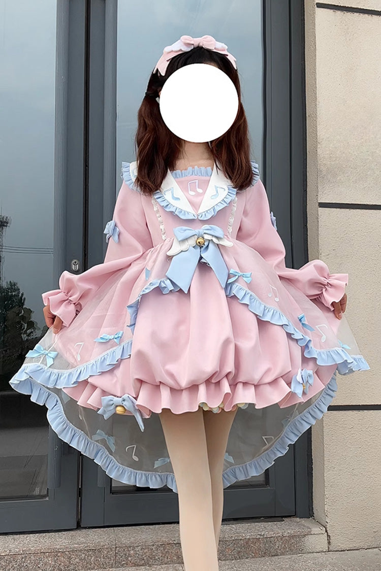 Pink Long Sleeves Music Notes Print Ruffle Bowknot Lace Sweet Lolita Dress