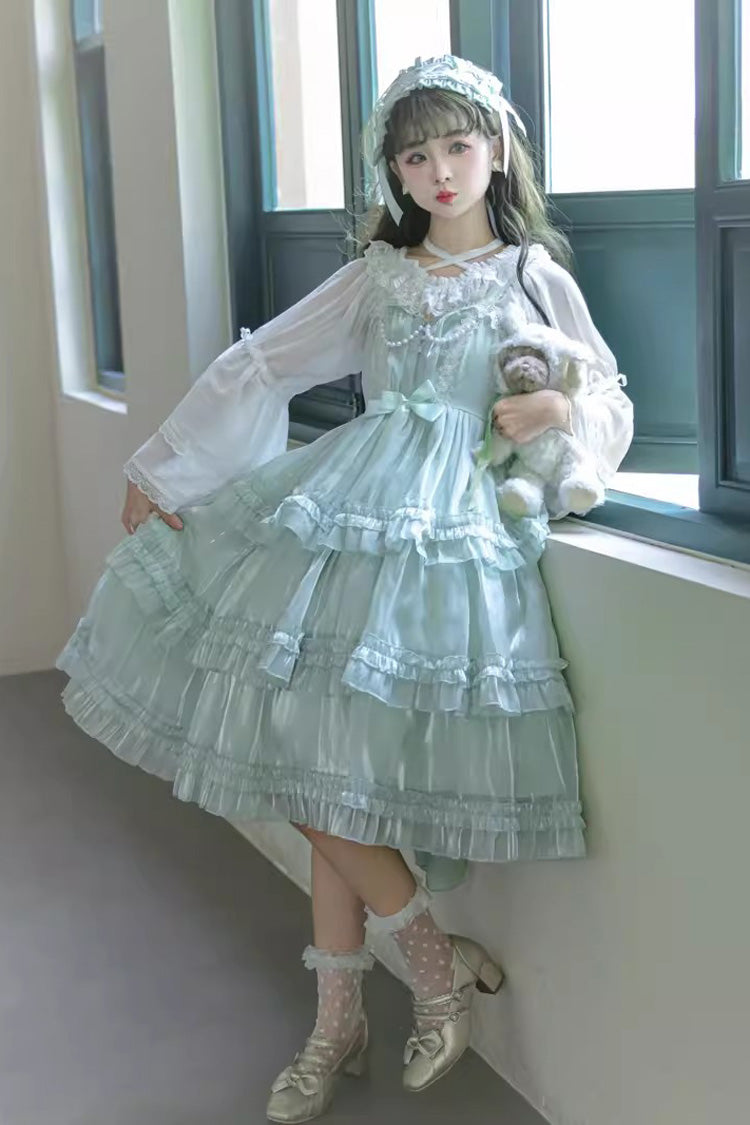 Green Starry Gauze Love Song Three-Tiered Ruffle Bowknot Sweet Lolita Tiered JSK Dress