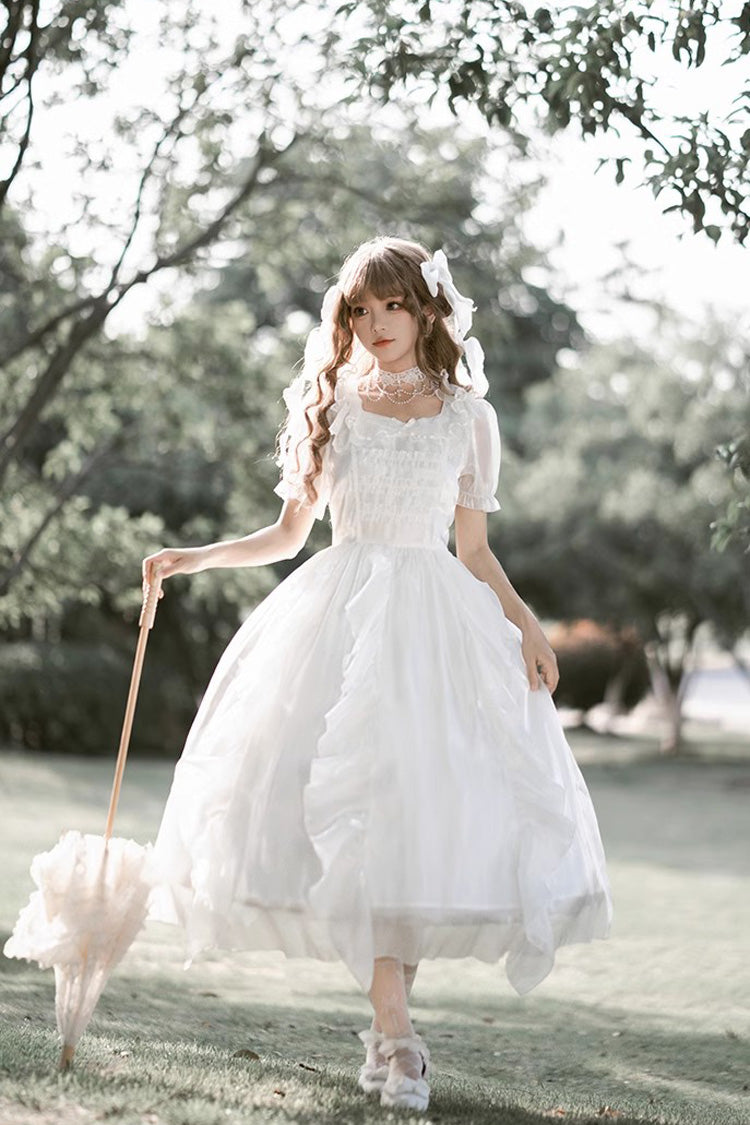 Weißes Lolita-Kleid mit Ode an schwebende Lichter, Fantasie-Fee, kurzen Ärmeln, Rüschen, süßem, elegantem Kleid