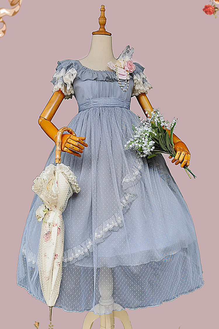 Sax Blue [Moon goddess *Mediana*] Polka Dot Print Ruffle Bowknot Asymmetric Sweet Elegant Lolita Dress