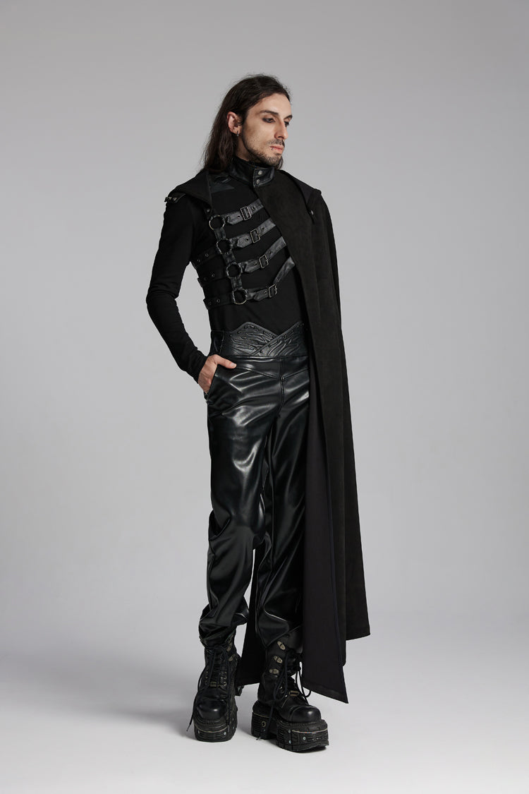 Black Hooded Buckle-up Rivets Men's Punk Cloak